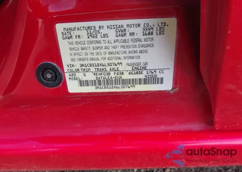 2006 Nissan Sentra 1.8S из США, поврежденный, VIN 3N1CB51DX6L507699